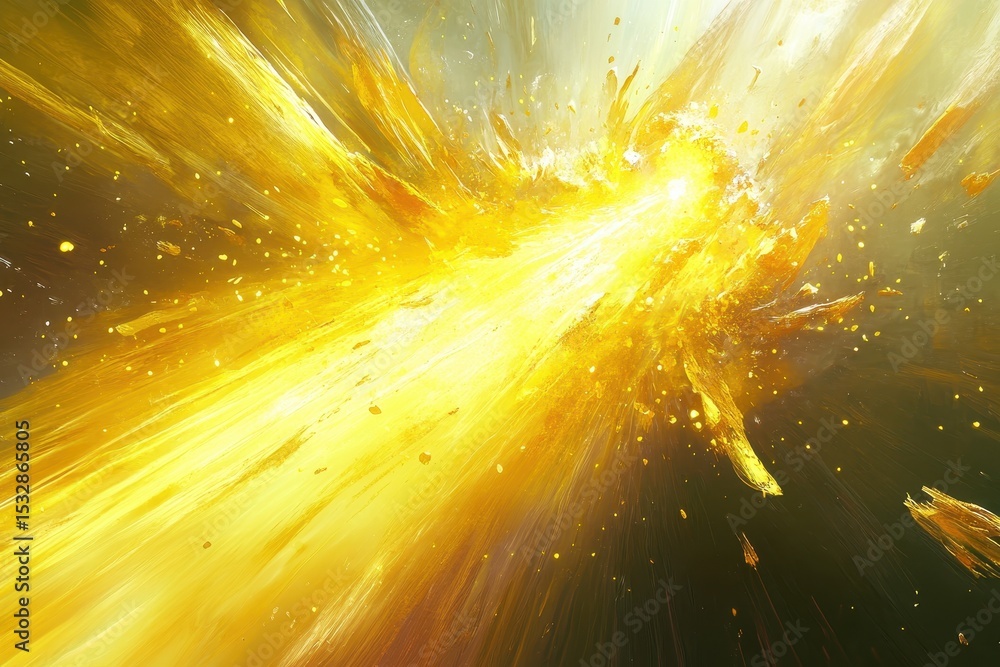 Poster vibrant yellow particles burst energetically through a luminous space in a dynamic display of light 