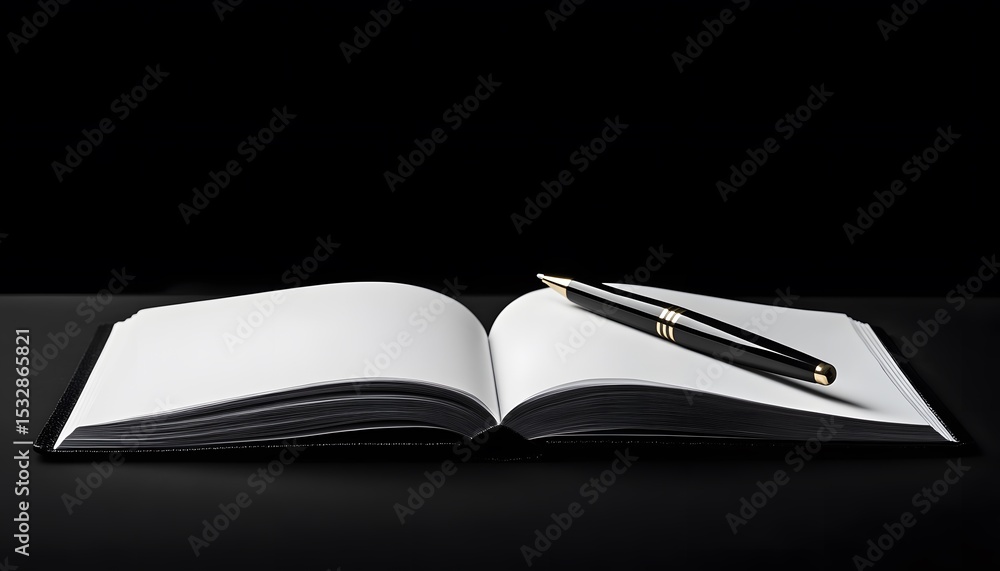 Poster open notebook with pen resting on the pages.