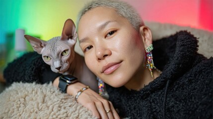 A person with short hair and unique earrings poses with a Sphynx cat on a fluffy blanket