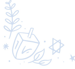 Blue art showing spinning dreidel beside leafy branch, dots and six-pointed star on clear backdrop