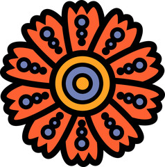 Flat mandala graphic is showing orange petals on transparent background with central rings and dots