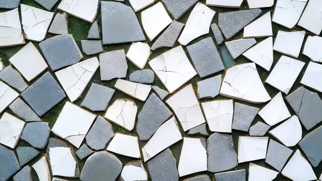 A mosaic wall of broken tiles in various shades of gray and white, set against a backdrop of muted greens.  Pieces are irregular shapes and sizes, with visible cracks and fissures