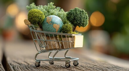 Small trees and a globe inside a miniature shopping cart symbolize environmental awareness and sustainable practices, promoting eco conscious consumerism