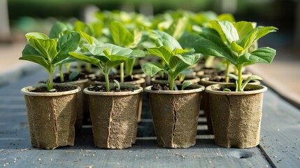 Fototapeta premium Seedlings sprouting in rows of biodegradable starter pots.