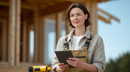 Woman Capturing Thermal Insulation with Digital Tablet at Construction Site