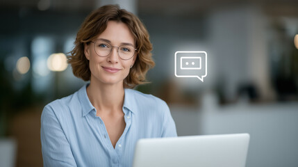Focused Woman Submitting Online Complaint with Customer Service Icon