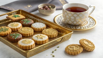 Golden Tray of Eid Cookies and Tea.