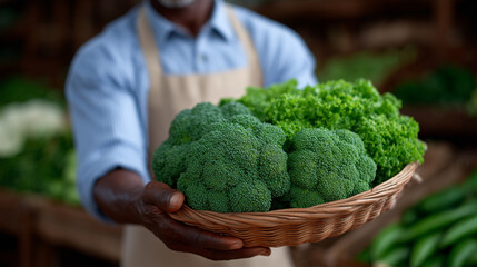 Vibrant Farmer Showcasing Fresh Green Vegetables at Market Stall
