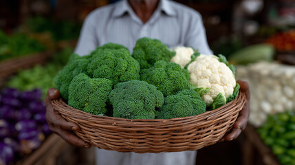 Vibrant Farmer Showcasing Fresh Green Vegetables at Market Stall