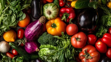 Flatlay of assorted fresh vegetables including peppers and greens in organic healthy market setup
