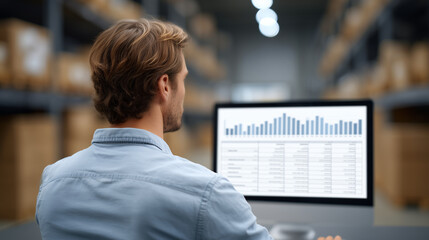 Warehouse Manager Analyzing Data on Desktop in Organized Logistics Center