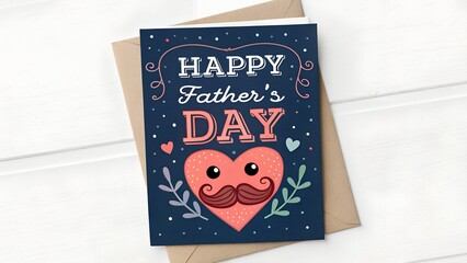 Happy Fathers Day Greeting Card Design with Lovely Heart and Mustache on Dark Blue Background.