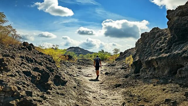 Hiker on volcanic landscape under a partly cloudy sky