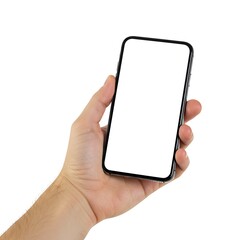 A hand holding a smartphone with a blank white screen, isolated on white background