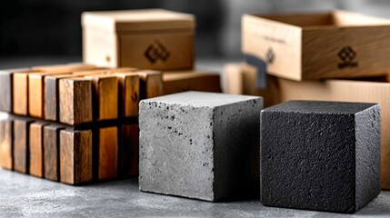 Blocks of clay and charcoal in product lineup with industrial texture for artisan material catalog