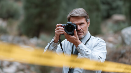 Forensic Photographer Capturing Evidence at a Crime Scene