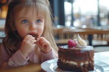 Kid girl enjoys a sweet cake treat in a cozy cafe setting on a sunny day, Kid girl eating a sweet piece of cake in cafe restaurant