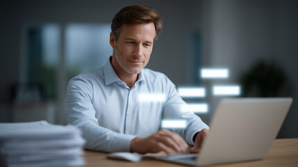 Focused Accountant Using Invoice Software Amidst Neat Paperwork