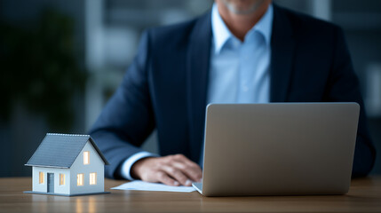 Real Estate Broker Completing Mortgage Application with House Model