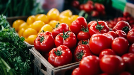 Tomatoes in wooden crate at vegetable market stall for organic fresh food healthy eating photography