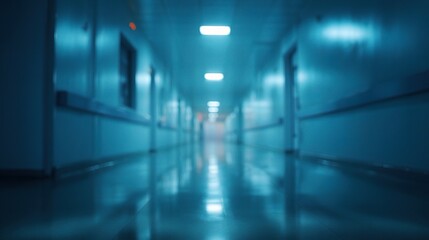Fototapeta premium Calming Blue Lighting in Blurry Hospital Corridor Scene