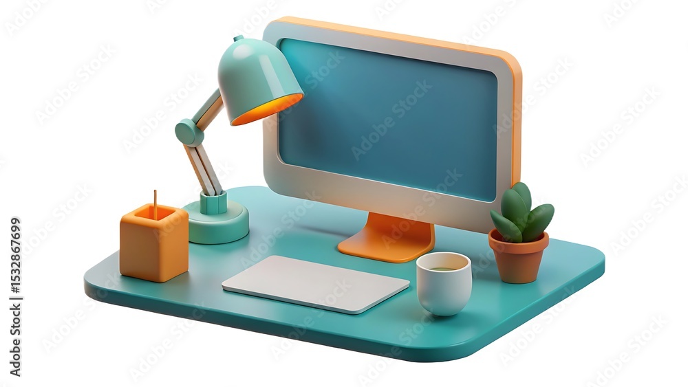 Aufkleber modern workspace desk setup with computer lamp and plant in 3d illustration design