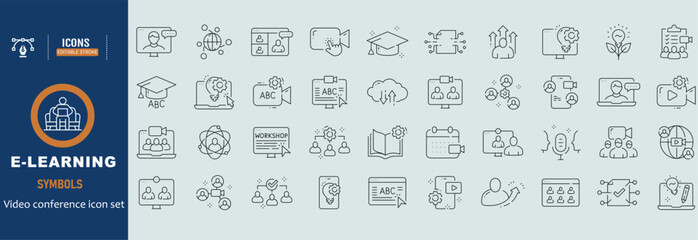 Big set of video conference line icons. Meeting, online, live, call etc. Editable stroke