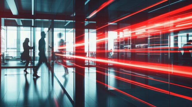 Dynamic office environment with blurred figures.