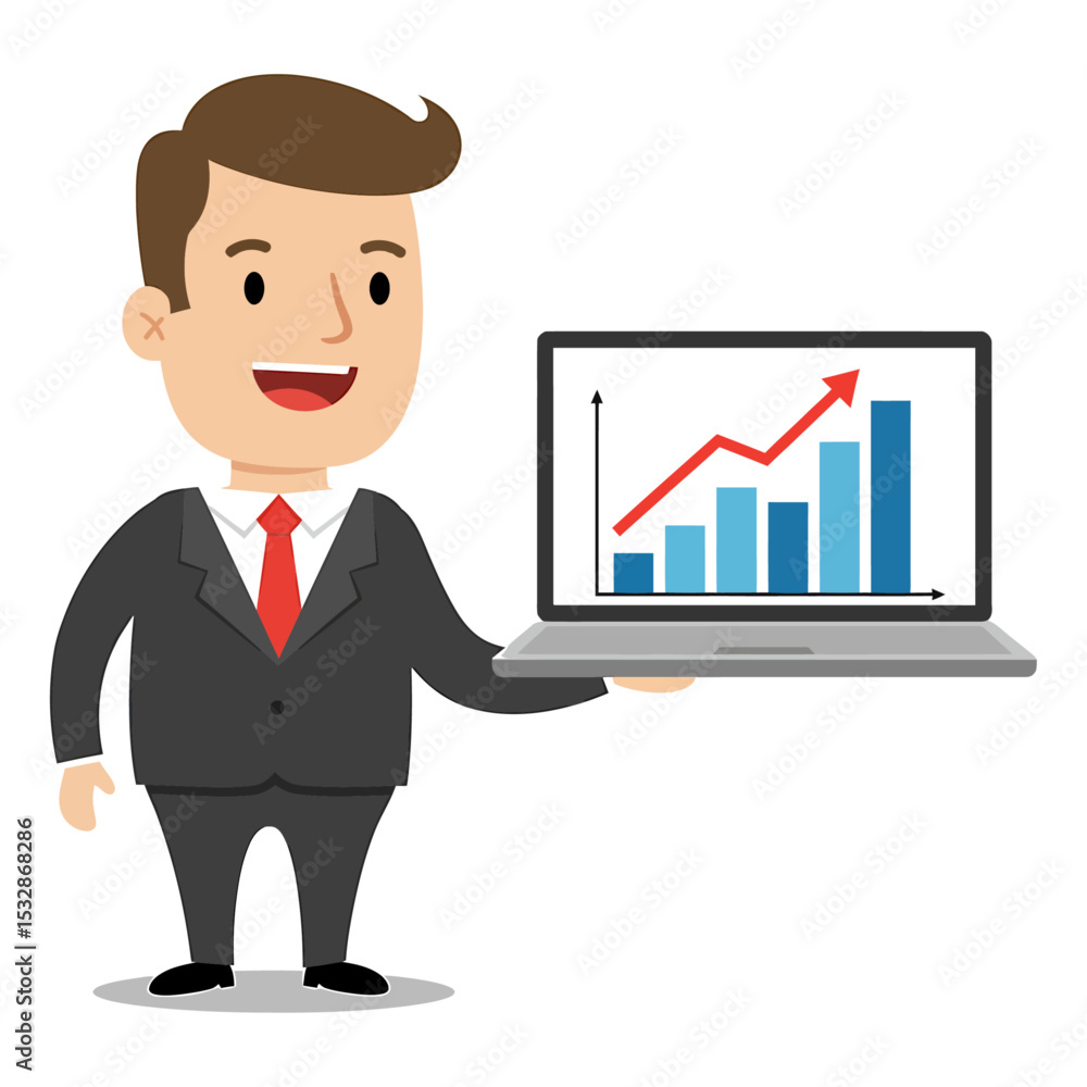 Poster man holding laptop displaying rising bar graph and red upwardpointing arrow