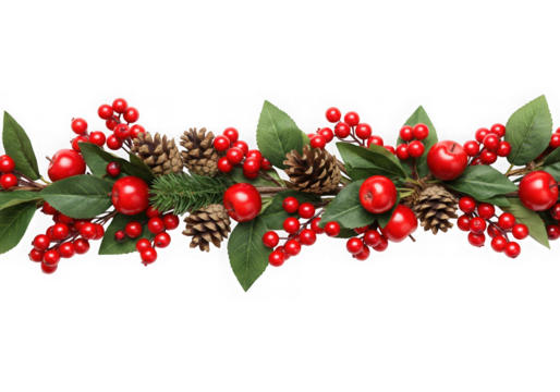 Christmas festive border with red apples berries and pine cones