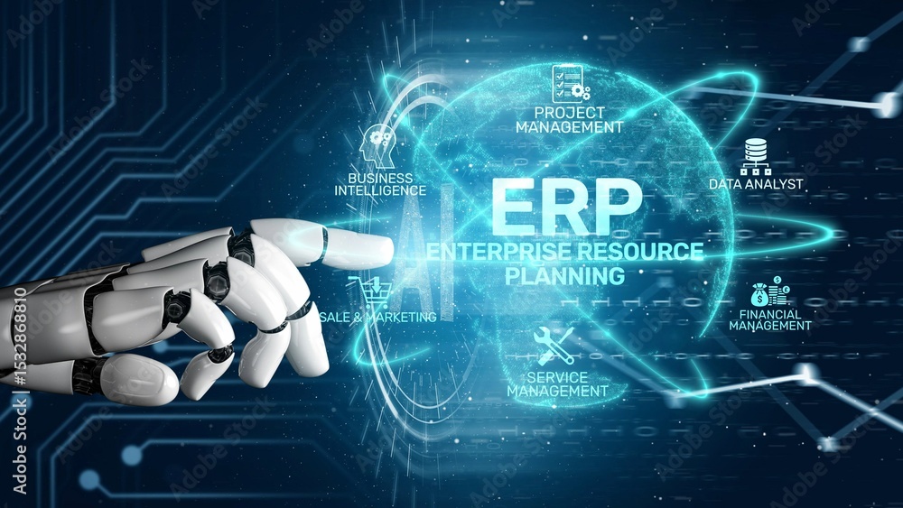 Poster erp platform visual showing centralized system for enterprise resource planning, improving integrati