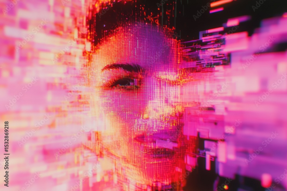 Poster digital distortion with glitch effect featuring a face and vibrant pixel colors in abstract design, 