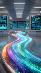 Enterprise dashboard with AI-driven task flows, Futuristic data visualization in a sleek modern environment. AI workflow automation in enterprise software for seamless operations