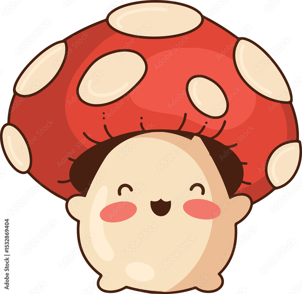 Poster mushroom character is smiling with red spotted cap in flat design on transparent background