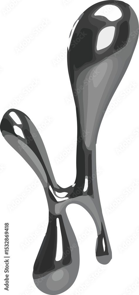 Poster 3d render showing metallic droplet shape on transparent backdrop with reflective gray gradients