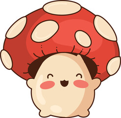 Mushroom character is smiling with red spotted cap in flat design on transparent background