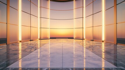 Fototapeta premium Modern interior with sunset view and elegant design.