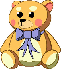 Pixel art teddy bear is sitting on transparent background, showing glossy eyes and purple-blue bow