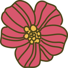 Cartoon pink flower is blooming in flat style on transparent background, with six rounded petals