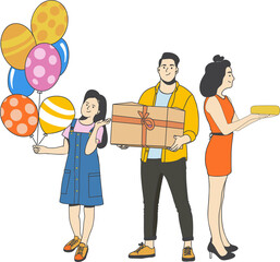 Parents and daughter are standing in flat design holding balloons, gift, cake, transparent backdrop