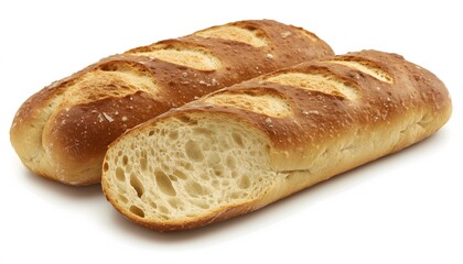 Naklejka premium Two loaves of crusty bread, one sliced.