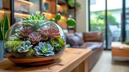 Terrarium with succulents on a natural wood shelf in modern room.