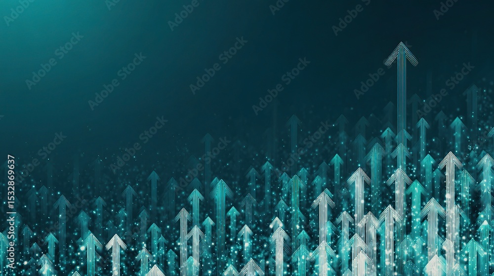 Poster teal backdrop with ascending arrow icons and abstract design elements