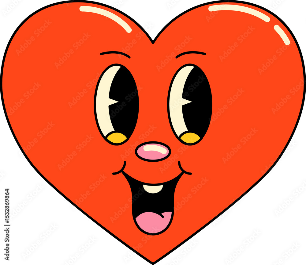 Poster cartoon heart is smiling with glossy highlight in flat design on transparent background