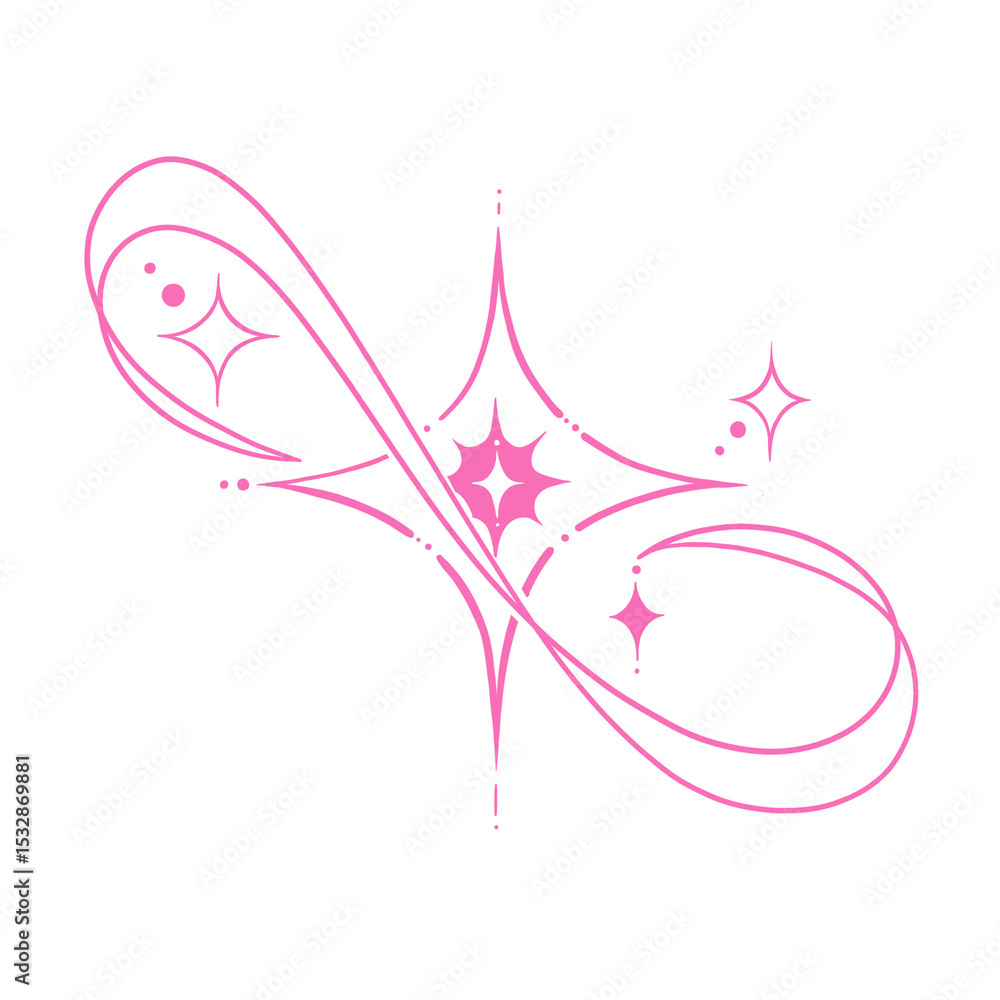 Aufkleber pink ribbon is looping in flat style with starburst shapes, dot clusters on transparent background