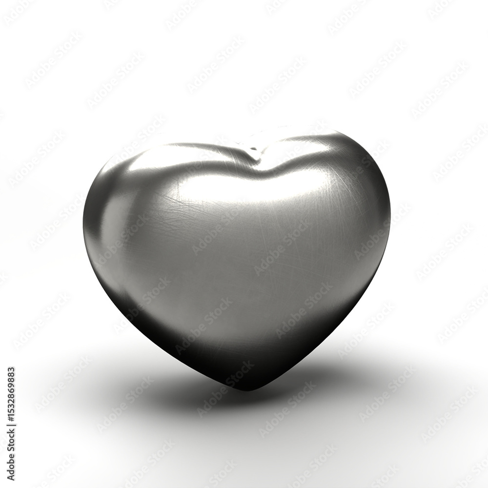 Poster single metallic heart is floating and casting soft shadow in 3d render on transparent background
