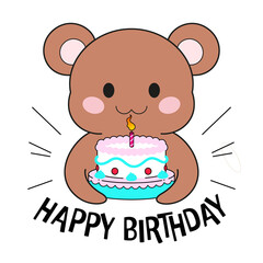 Flat-design bear is holding cake with candle, HAPPY BIRTHDAY text, rays on transparent background