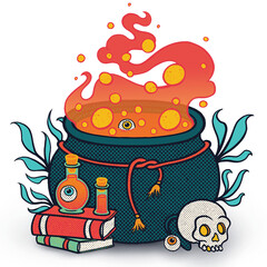 Stylized cauldron is bubbling orange brew with floating eyeball orbs, halftone, transparent canvas