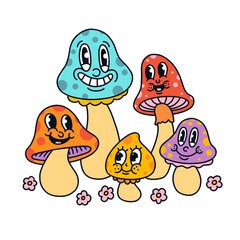 Flat vector mushrooms are smiling on transparent background with scattered pink five-petal flowers