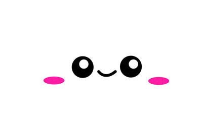 Kawaii cloud is floating in flat design on clear background, showing black eyes and pink blush